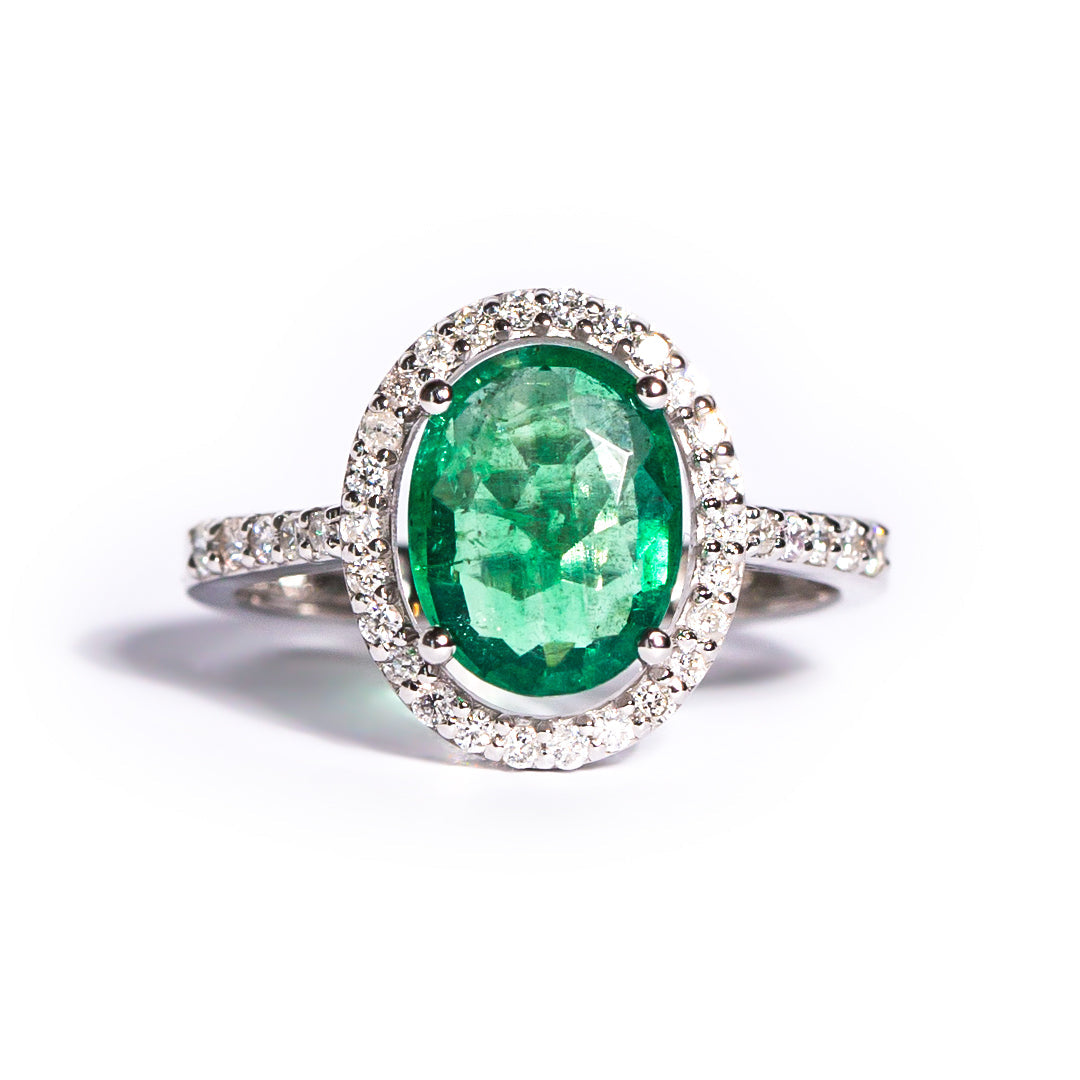 9ct White Gold Ladies Oval Emerald and Diamond Halo Engagement Ring The_Diamond_box_South_Africa
