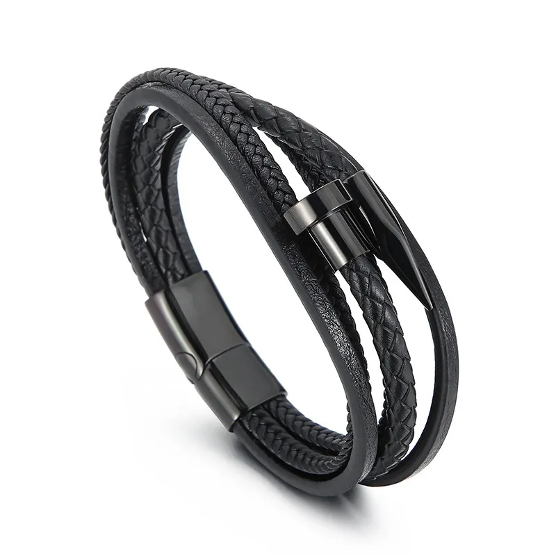 Mens Monochrome Layer Leather Bracelet - Main Image