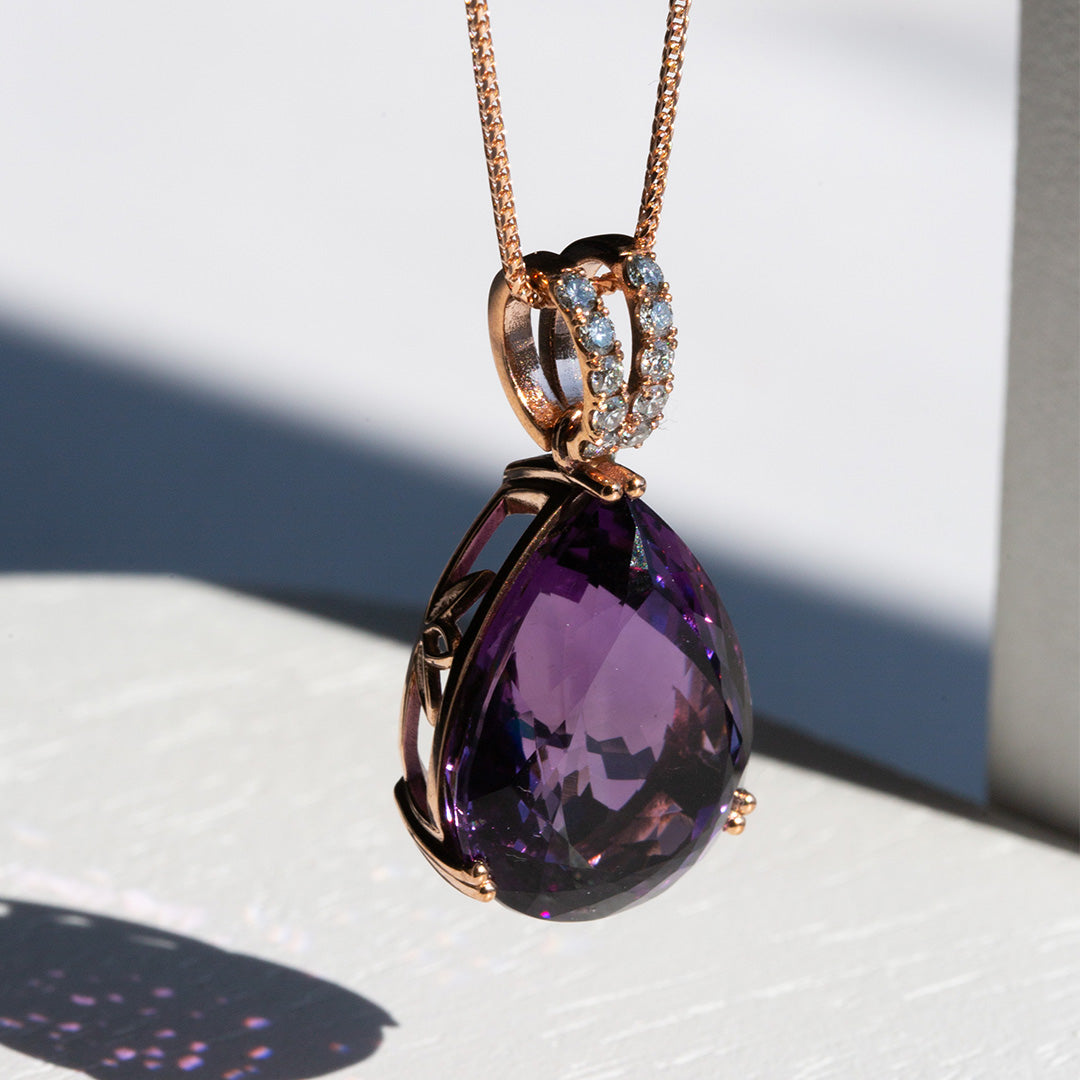 9ct Rose Gold Ladies 21ct Pear Amethyst and Diamond Pendant The_Diamond_box_South_Africa
