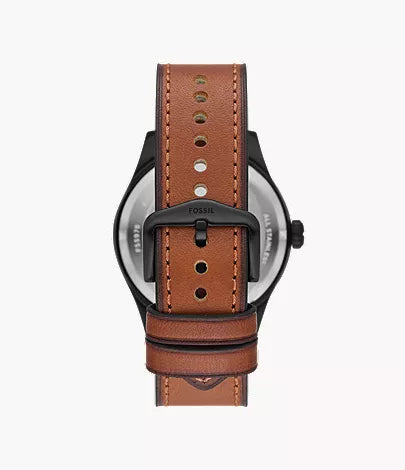 Fossil Defender Solar-Powered Men's Black Dial Watch with Brown Leather Strap- FS5978