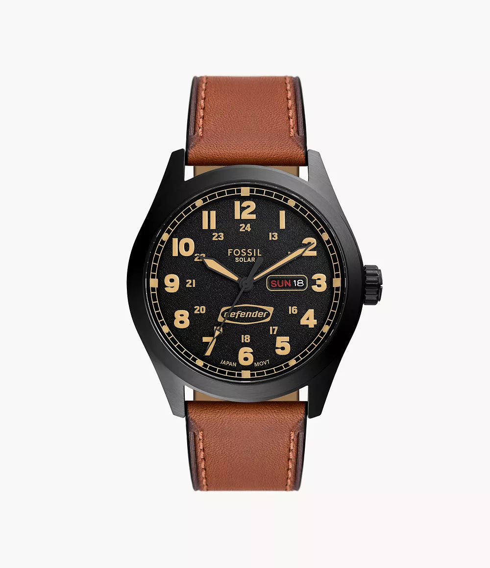 Fossil Defender Solar-Powered Men's Black Dial Watch with Brown Leather Strap- FS5978