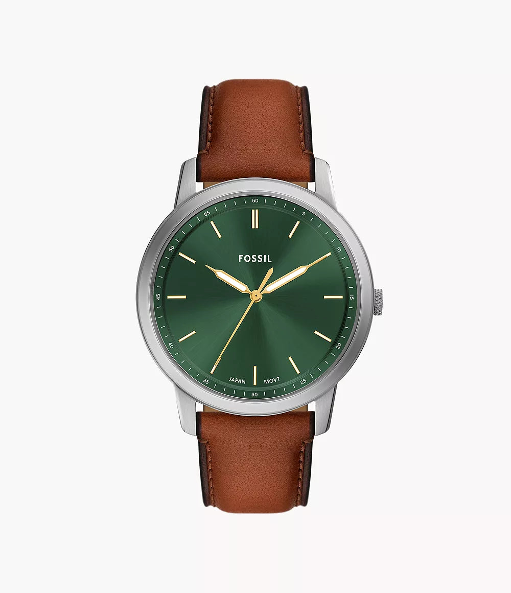 Fossil Minimalist Green Sunray Dial Brown Leather Watch - FS6094