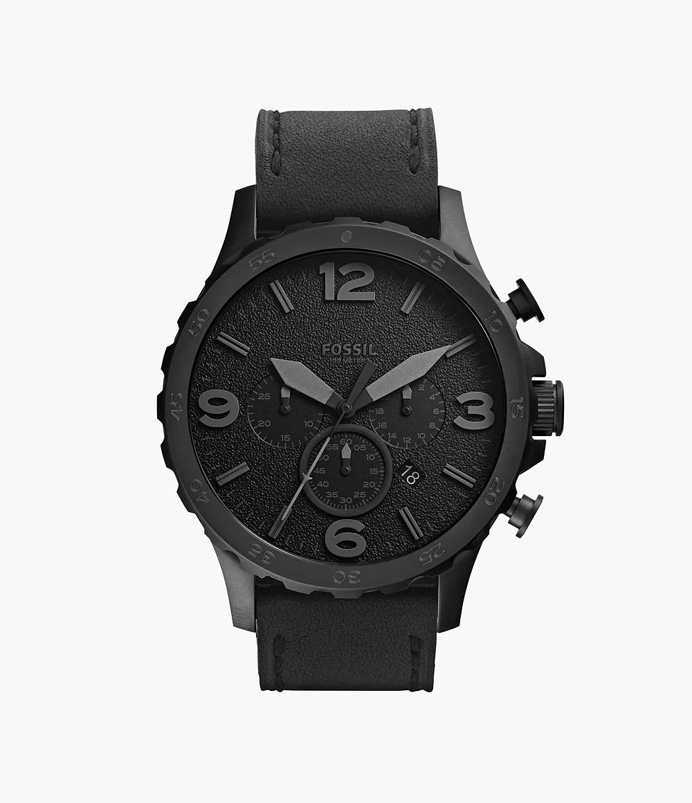 Fossil Nate Men's Black Chronograph Watch with Black Leather Strap - JR1354