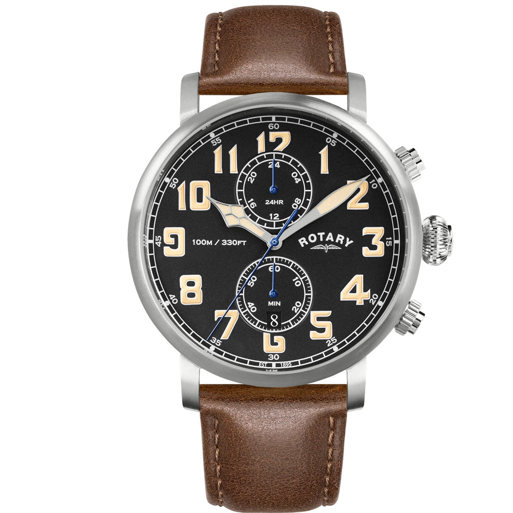 Rotary Heritage Gents Pilot Gold & Leather Green Dial Watch - RGS10002/24