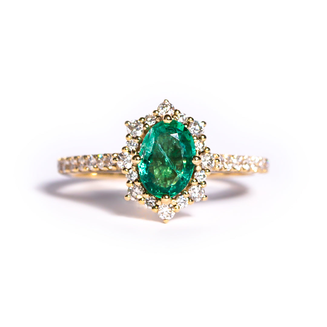 9ct Yellow Gold Ladies Oval Emerald and Diamond Halo Engagement Ring The_Diamond_box_South_Africa