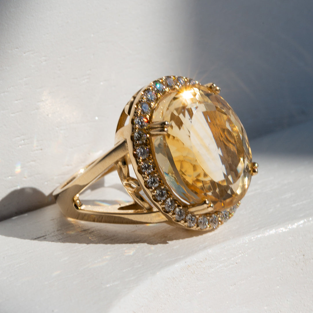 9ct Yellow Gold Ladies 15ct Citrine and Diamond Halo Ring The_Diamond_box_South_Africa