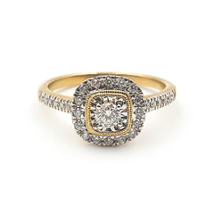 9ct Yellow Gold Ladies Diamond Halo Cluster Engagement Ring