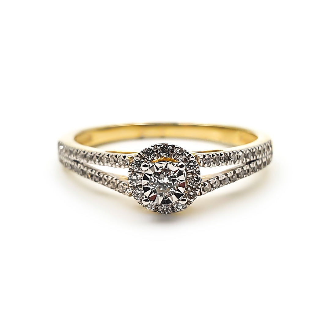 9ct Yellow Gold Ladies Diamond Halo Engagement Ring