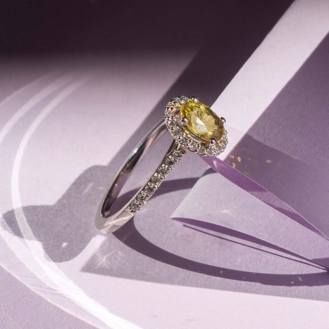 9ct White Gold Ladies Yellow Sapphire Halo Ring The_Diamond_box_South_Africa