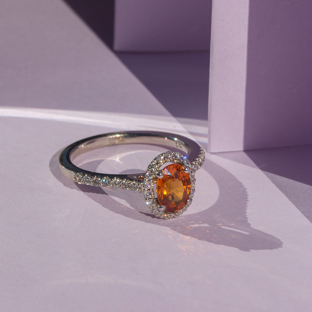 9ct White Gold Ladies Orange Sapphire Halo Ring