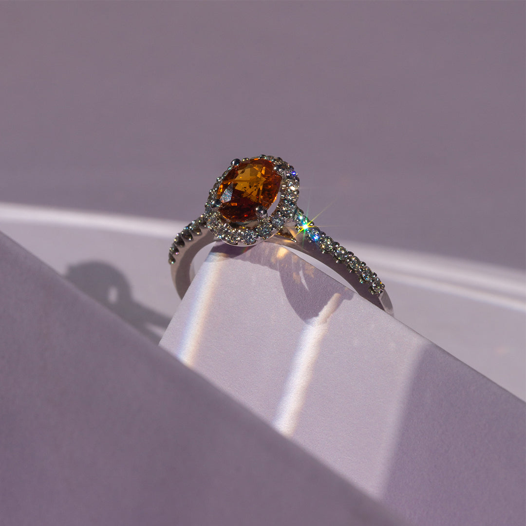 9ct White Gold Ladies Orange Sapphire Halo Ring