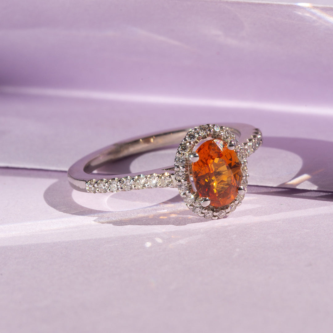 9ct White Gold Ladies Orange Sapphire Halo Ring