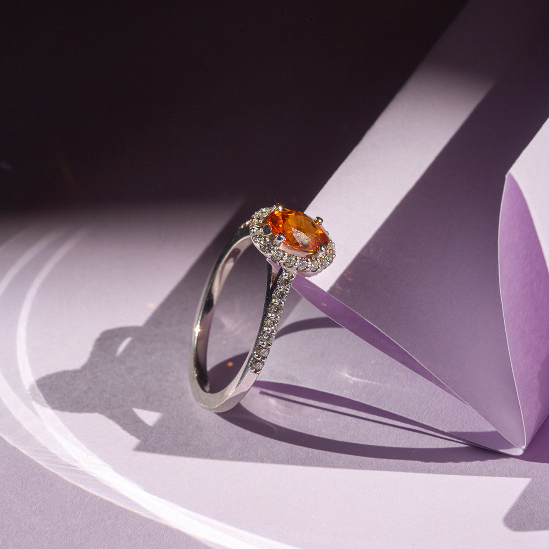 9ct White Gold Ladies Orange Sapphire Halo Ring