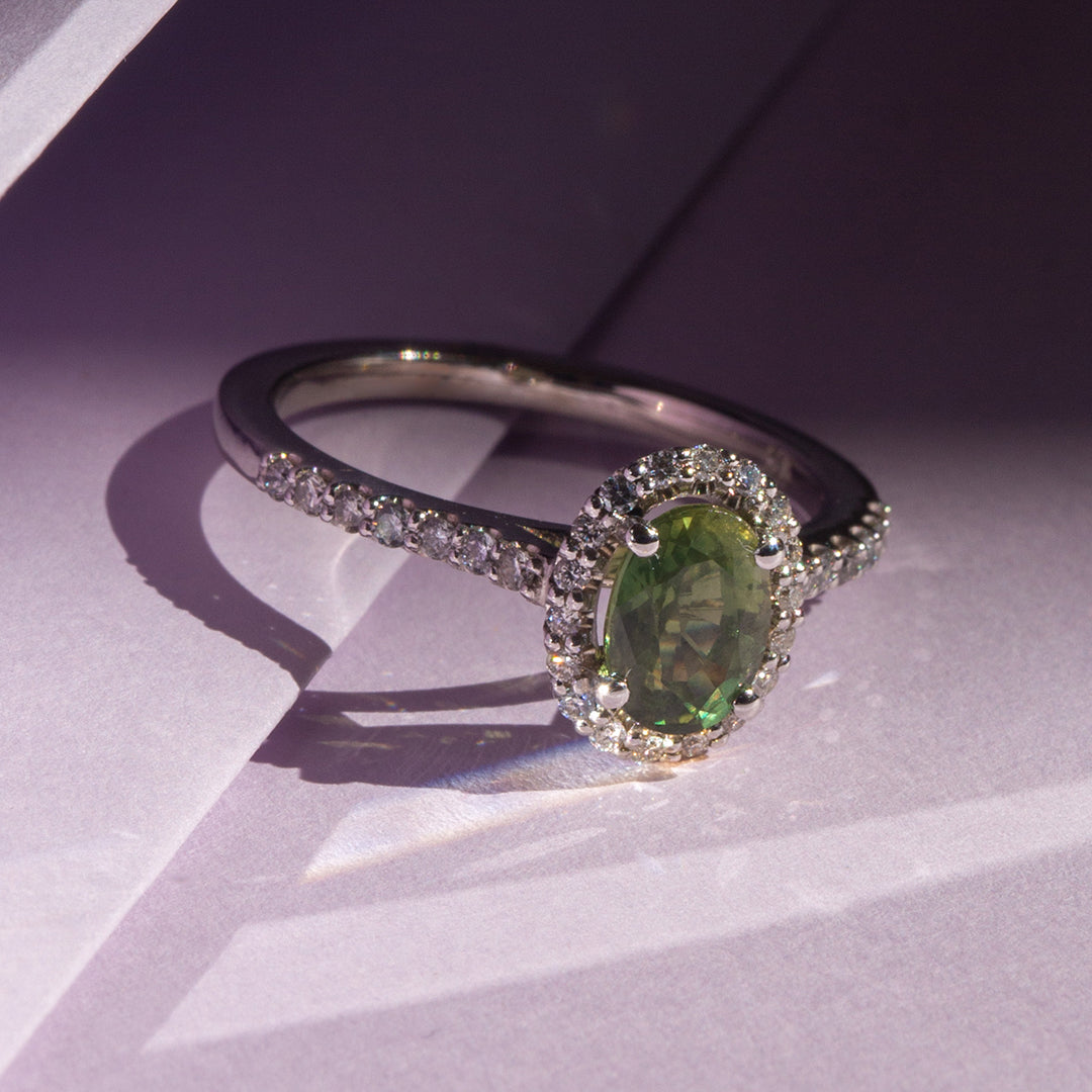 9ct White Gold Ladies Green Sapphire Halo Ring The_Diamond_box_South_Africa