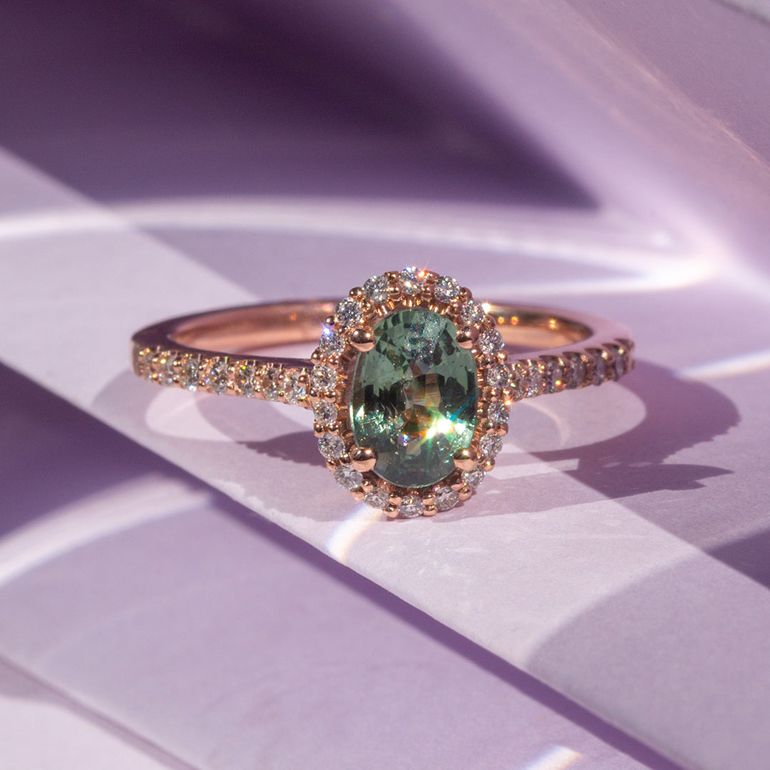 9ct Rose Gold Ladies Aqua Sapphire Halo Ring The_Diamond_box_South_Africa
