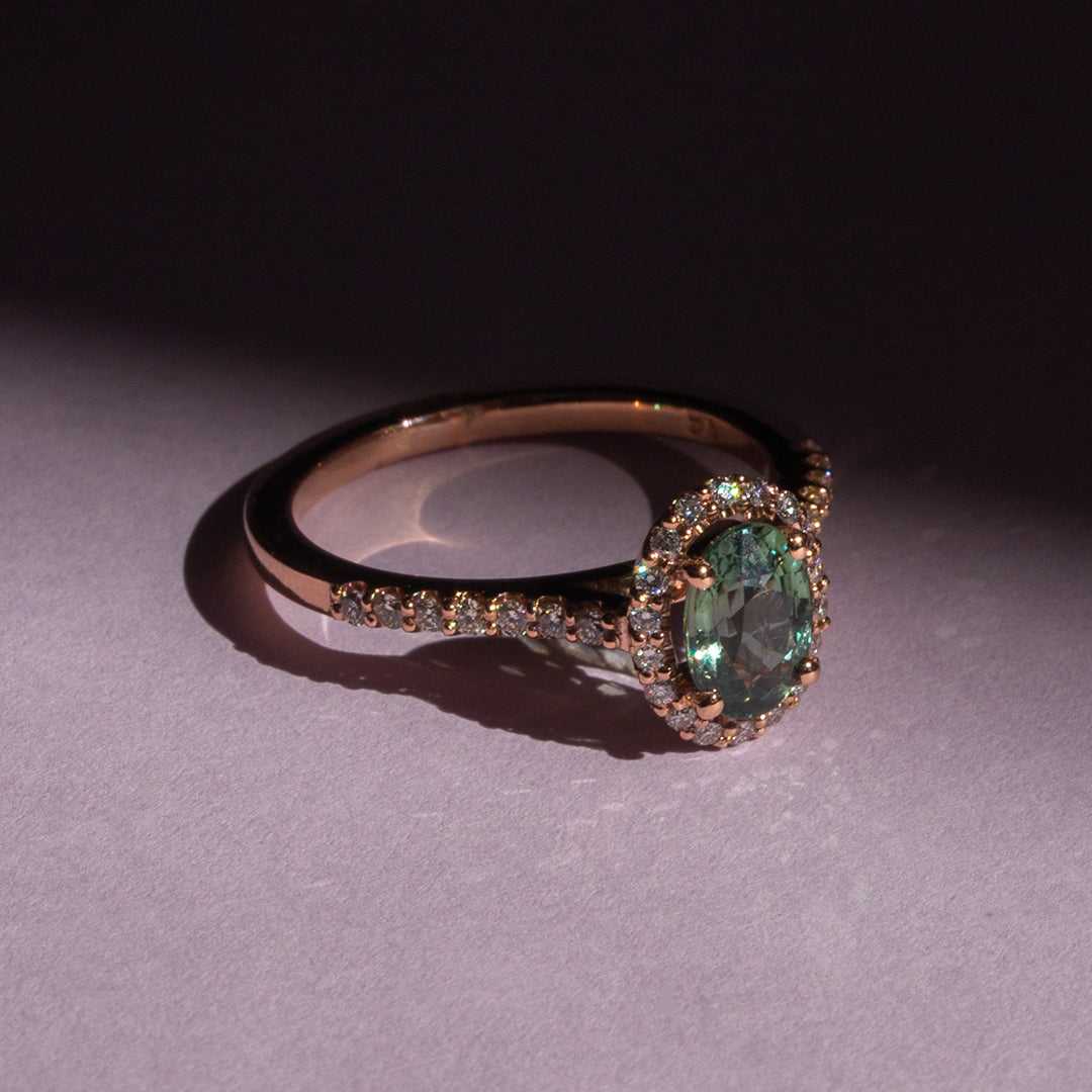 9ct Rose Gold Ladies Aqua Sapphire Halo Ring