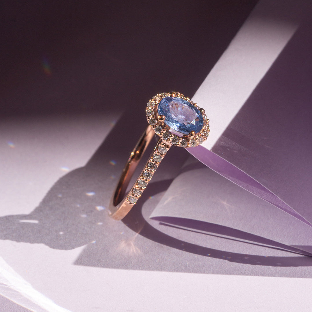 9ct Rose Gold Ladies Blue Sapphire Halo Ring The_Diamond_box_South_Africa