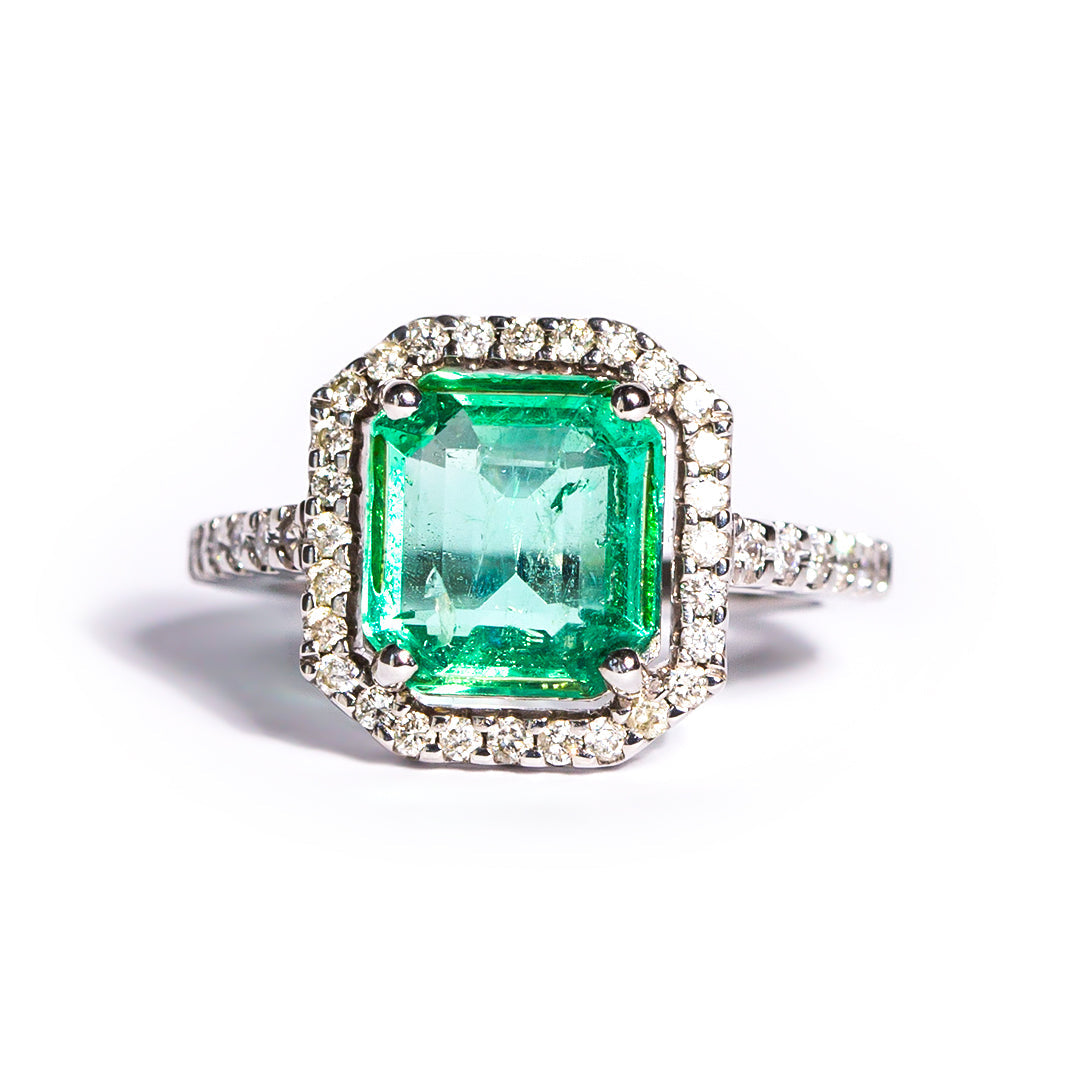 9ct White Gold Ladies Emerald and Diamond Halo Engagement Ring The_Diamond_box_South_Africa