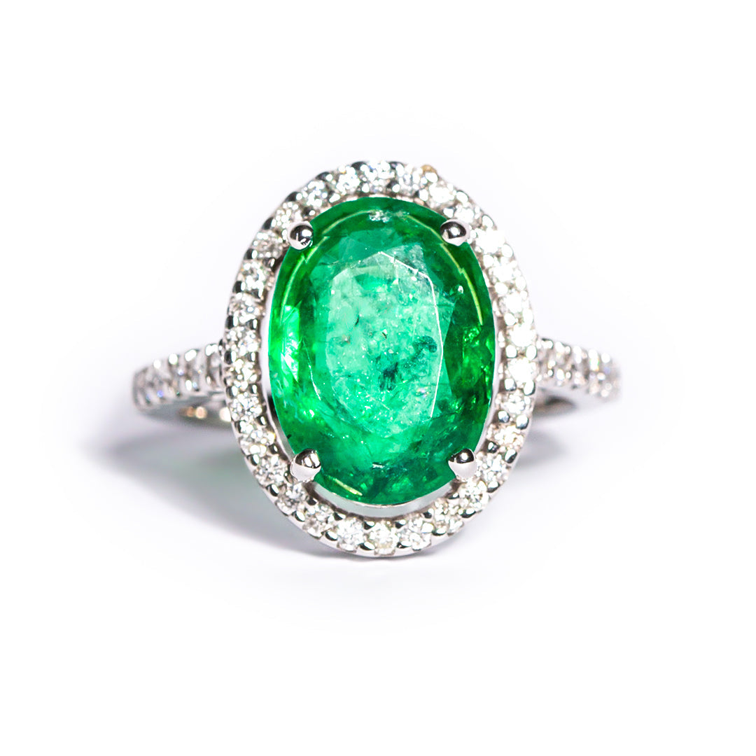 9ct White Gold Ladies Oval Emerald and Diamond Halo Engagement Ring The_Diamond_box_South_Africa