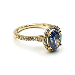 9ct Yellow Gold Ladies 1.50ct Blue Moissanite Halo Engagement Ring