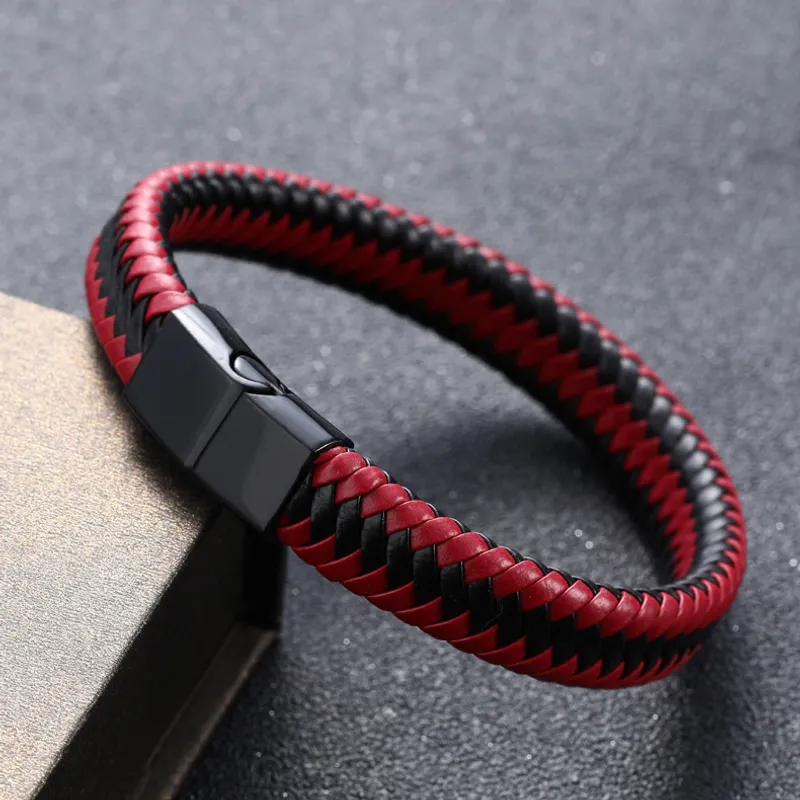 Black And Red Leather Mens Braceket With Magnetic Steel Clasp