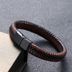 Black And Brown Leather Mens Braceket With Magnetic Steel Clasp