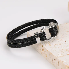 Double Layered Mens Leather Bracelet With Metal Buckle Detail.