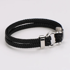 Double Layered Mens Leather Bracelet With Metal Buckle Detail.