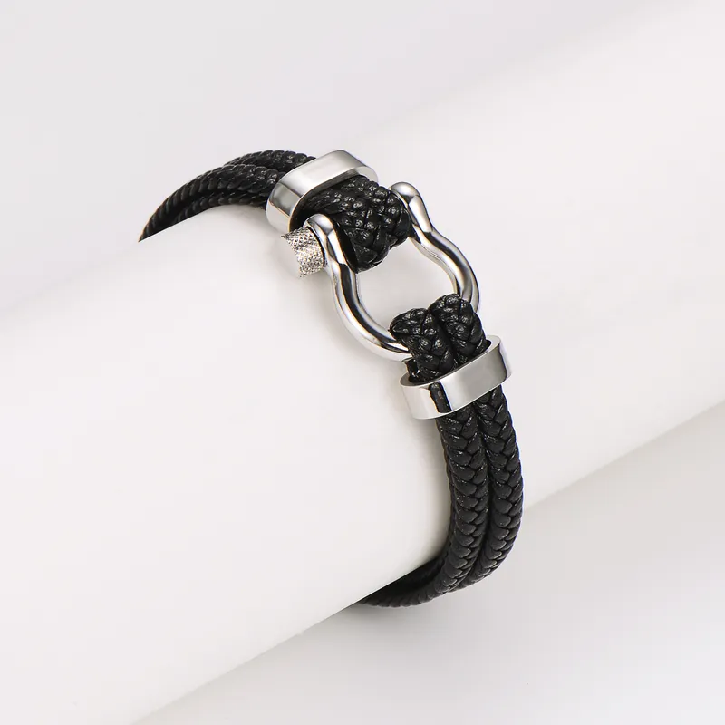 Double Layered Mens Leather Bracelet With Metal Buckle Detail.