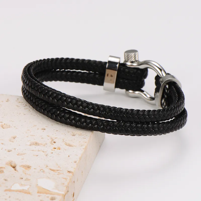 Double Layered Mens Leather Bracelet With Metal Buckle Detail.