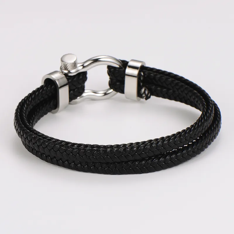 Double Layered Mens Leather Bracelet With Metal Buckle Detail.