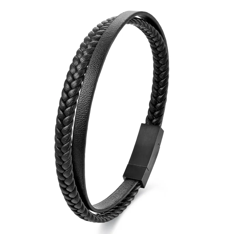 Minimalist Twin Layer Leather Mens Bracelet In Black With Magnetic Clasp