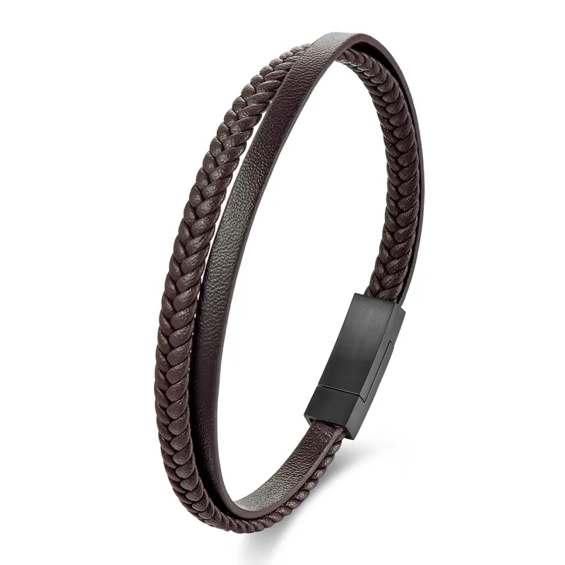 Minimalist Twin Layer Leather Mens Bracelet In Brown With Magnetic Clasp