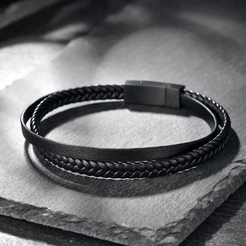 Minimalist Twin Layer Leather Mens Bracelet In Black With Magnetic Clasp