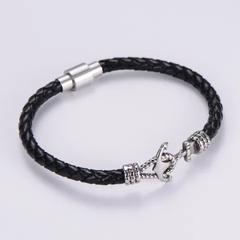 Mens  Leather Rope Bracelet With Nautical Detail In Black