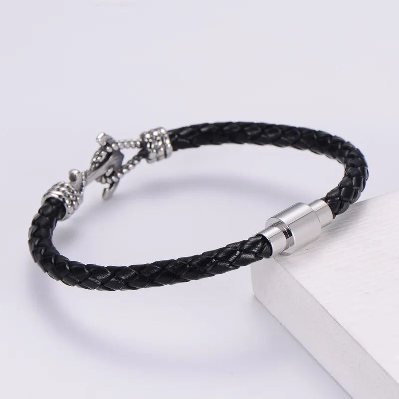 Mens  Leather Rope Bracelet With Nautical Detail In Black