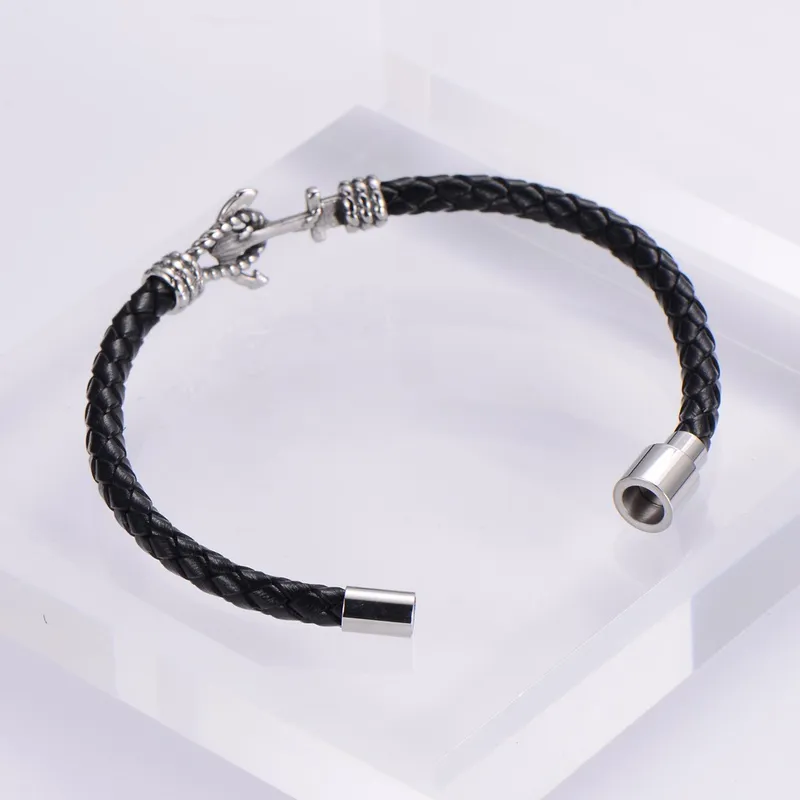 Mens  Leather Rope Bracelet With Nautical Detail In Black