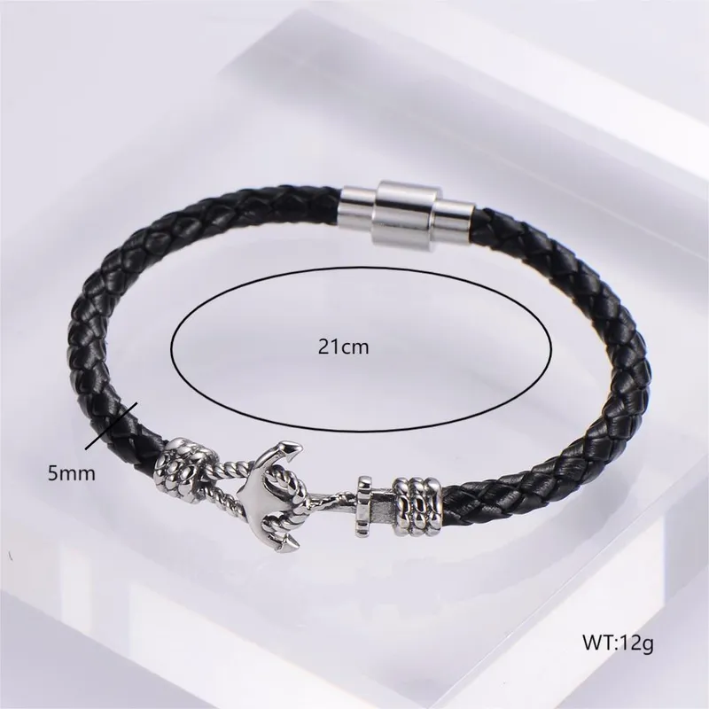 Mens  Leather Rope Bracelet With Nautical Detail In Black