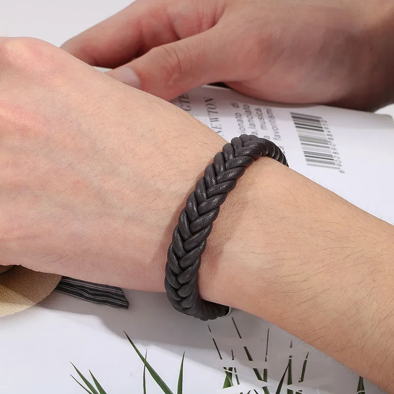 Classic Thick Leather Weave Mens Bracelet With Steel Clasp In Brown