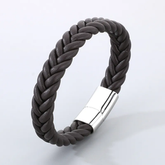 Classic Thick Leather Weave Mens Bracelet With Steel Clasp In Brown