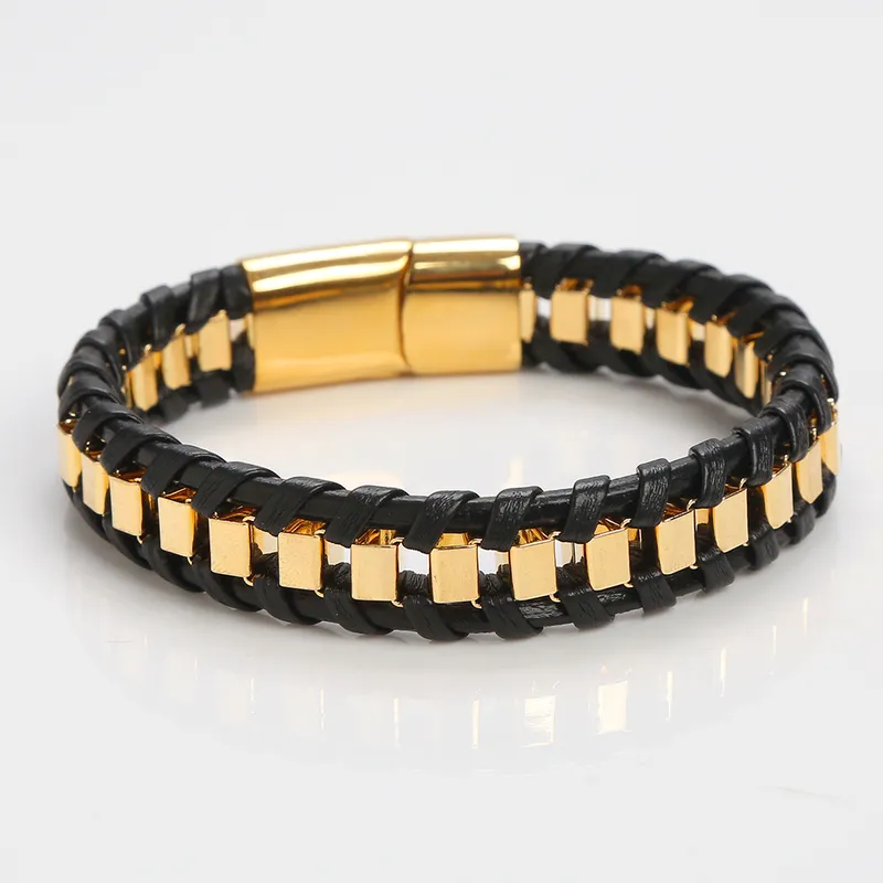 Mens Leather Bracelet With Gold Plated Metal Inlay