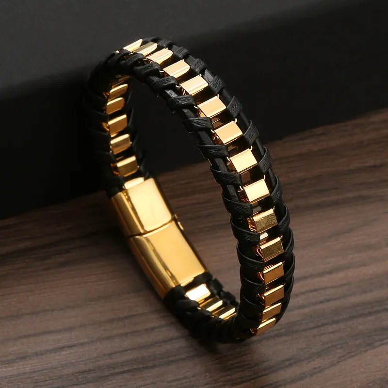 Mens Leather Bracelet With Gold Plated Metal Inlay