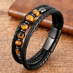 Mens Leather Bracelet With Tigers Eye Beaded Detail