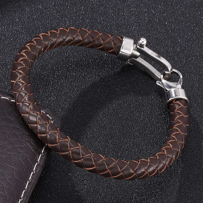 Mens Leather Rope Bracelet With Buckle Detail In Brown