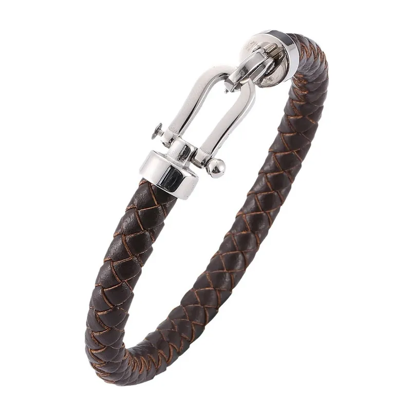 Mens Leather Rope Bracelet With Buckle Detail In Brown