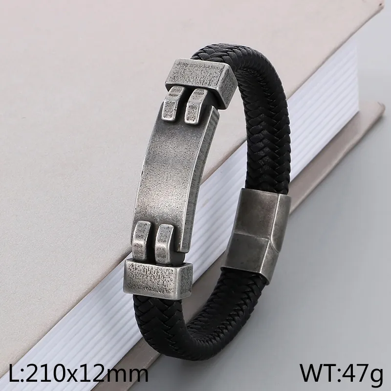 Mens Black Leather Bracelet With Statement Metal Inlay