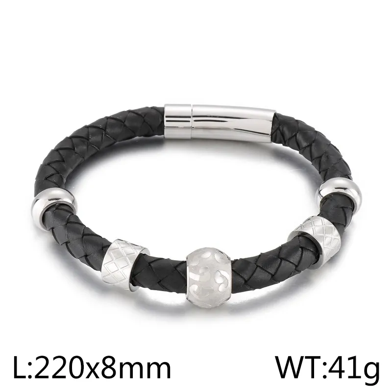 Mens Leather Bracelet With Metal Inlays And Detailing