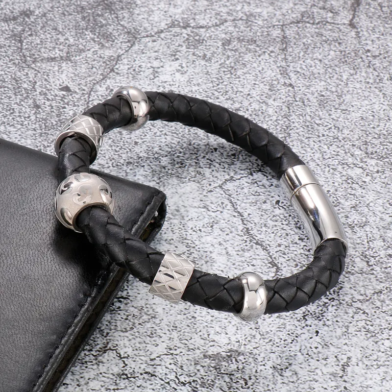 Mens Leather Bracelet With Metal Inlays And Detailing