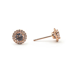 9ct Rose Gold Ladies round Morganite and Diamond Halo Studs