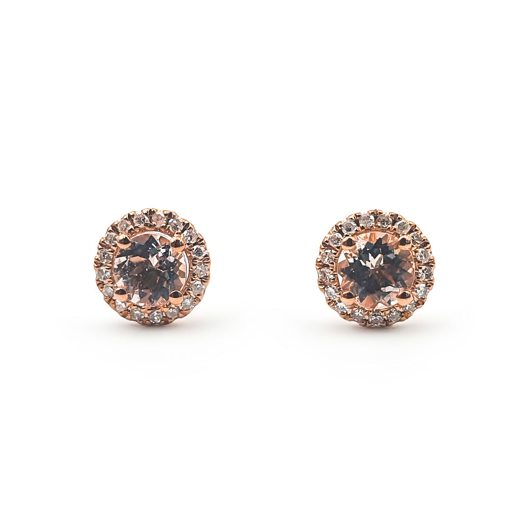 9ct Rose Gold Ladies round Morganite and Diamond Halo Studs